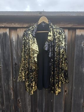 Sequin Draped Open-Front Blazer Jacket - Gold/Black